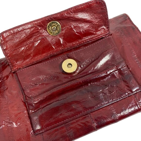 VTG Korean Genuine Eel Skin Trifold Wallet Checkbook Oxblood Red Magnetic Snap - Picture 3 of 11